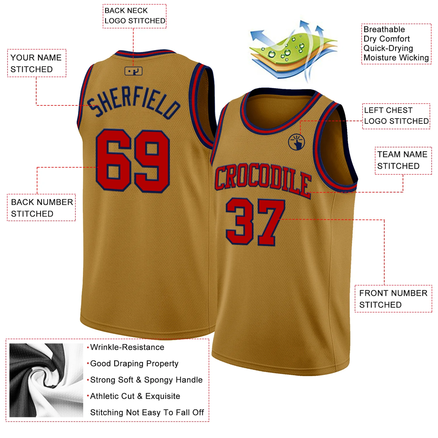 Custom Old Gold Red-Navy Authentic Basketball Jersey - Image 2
