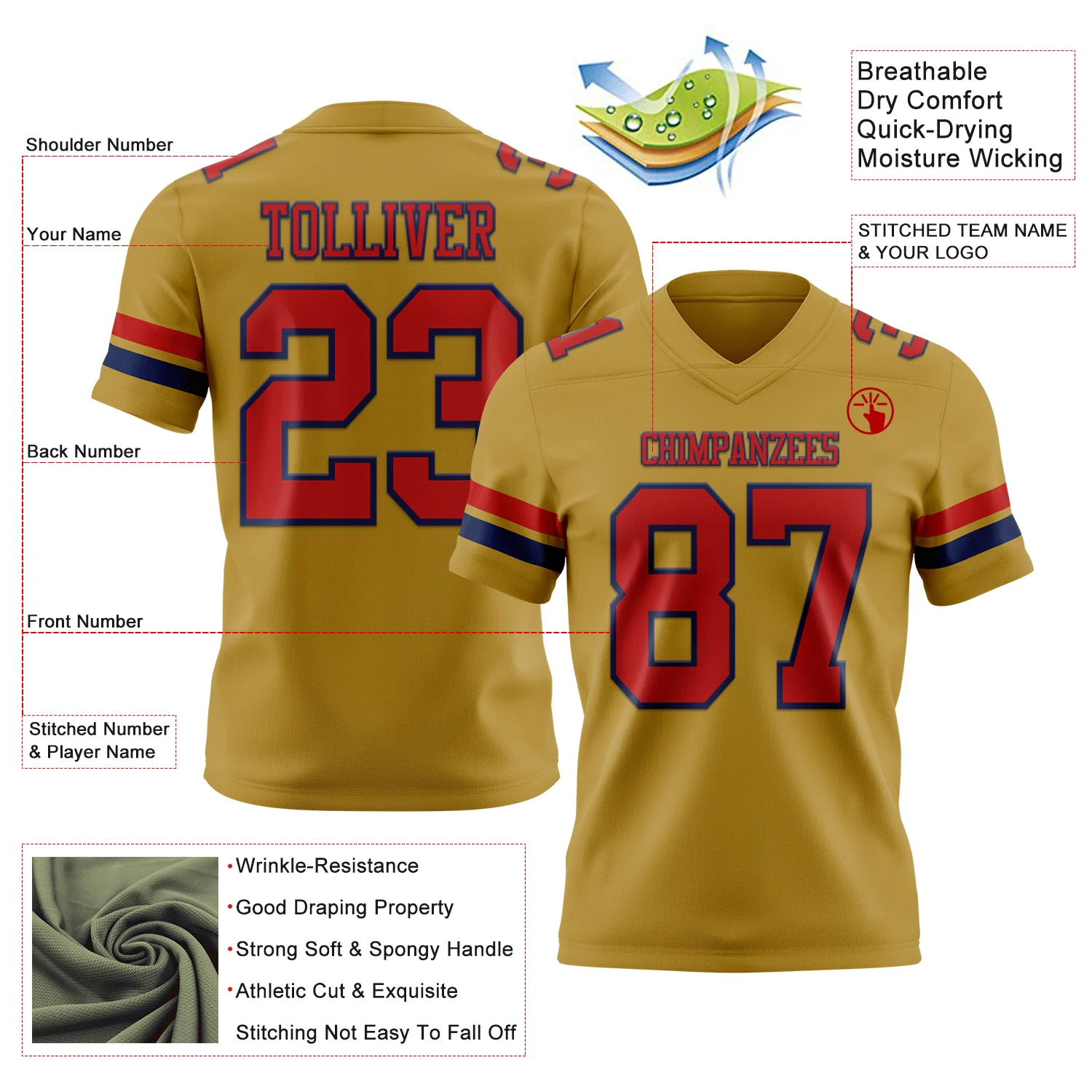 Custom Old Gold Red-Navy Authentic Football Jersey - Image 3