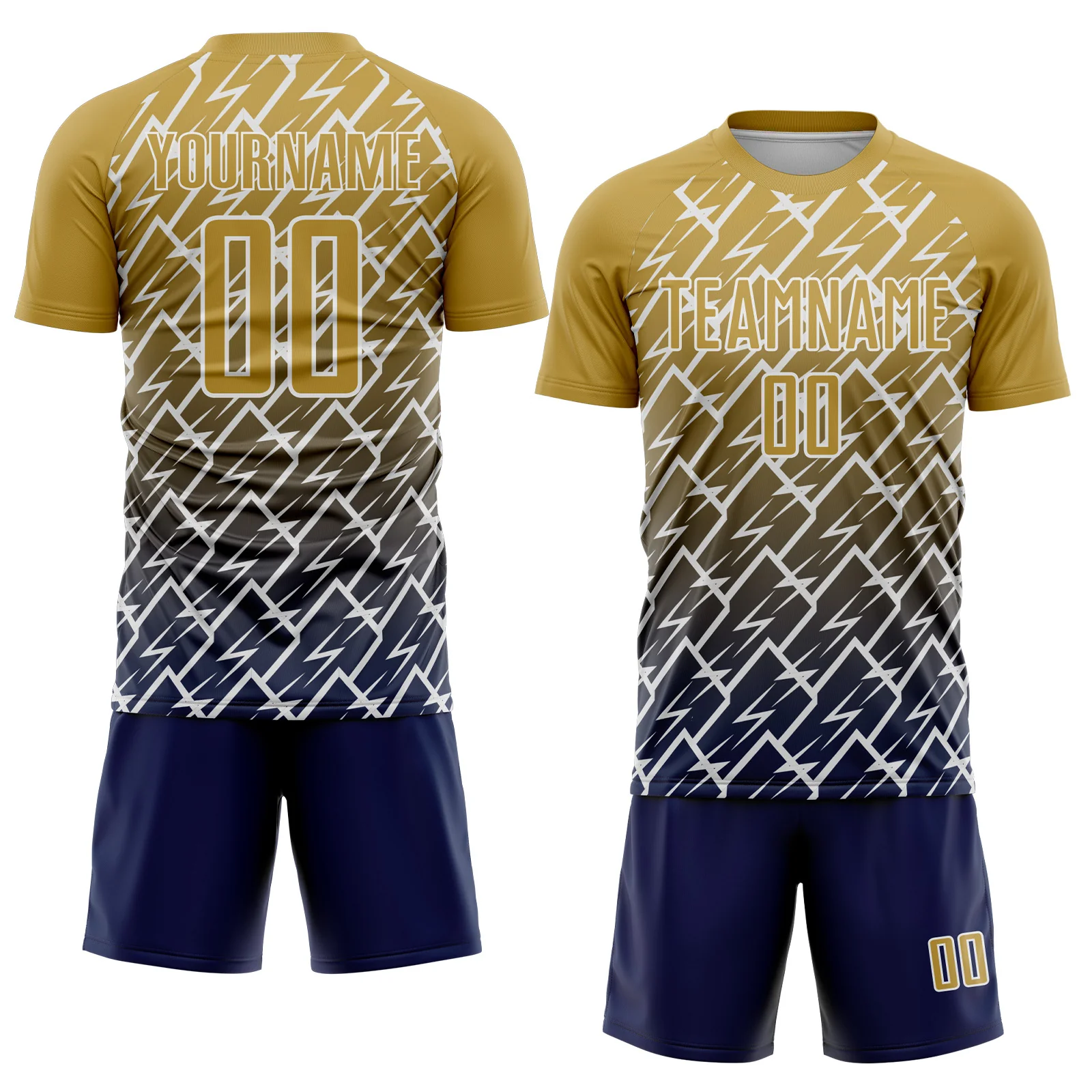 Custom Old Gold Navy-White Lightning Sports Sublimation Soccer Uniform Jersey - Image 2