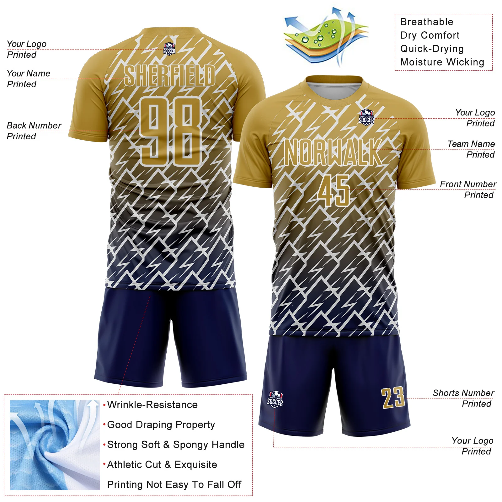 Custom Old Gold Navy-White Lightning Sports Sublimation Soccer Uniform Jersey - Image 4