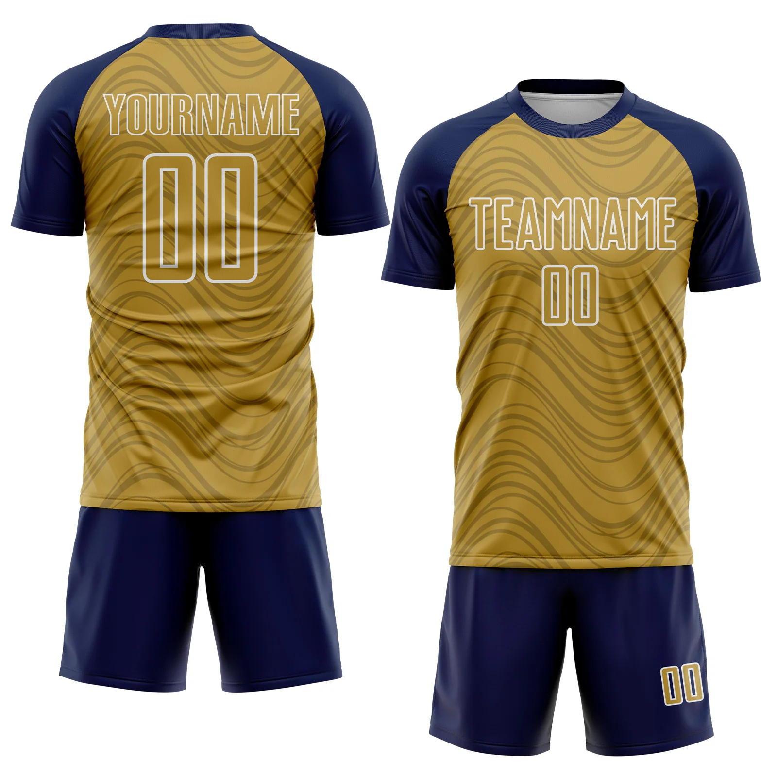 Custom Old Gold Navy-White Wavy Lines Sports Sublimation Soccer Uniform Jersey - Image 2