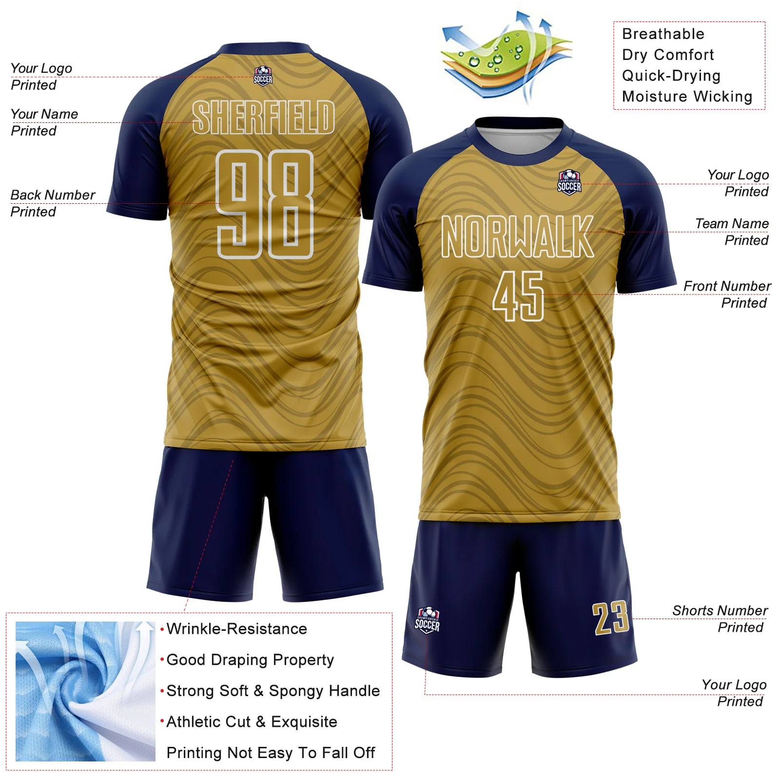 Custom Old Gold Navy-White Wavy Lines Sports Sublimation Soccer Uniform Jersey - Image 4