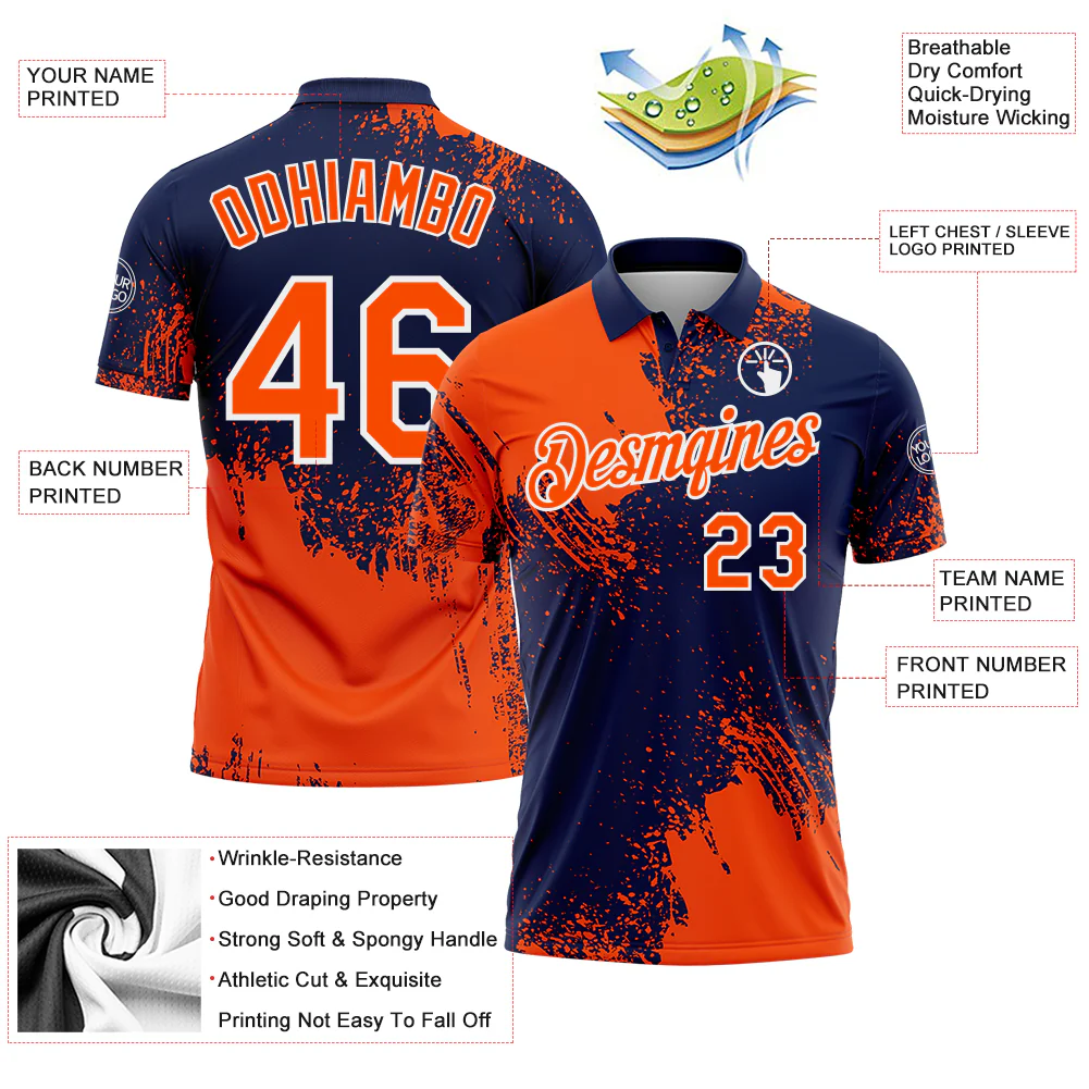 Custom Orange Navy-White 3D Pattern Design Abstract Brush Stroke Performance Polo Shirt - Image 3