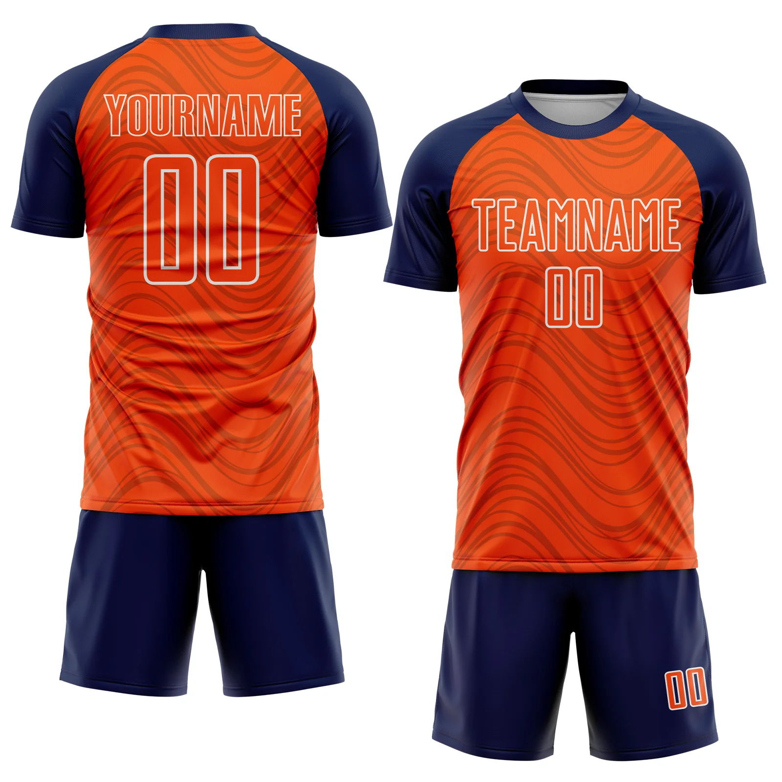 Custom Orange Navy-White Wavy Lines Sports Sublimation Soccer Uniform Jersey - Image 2