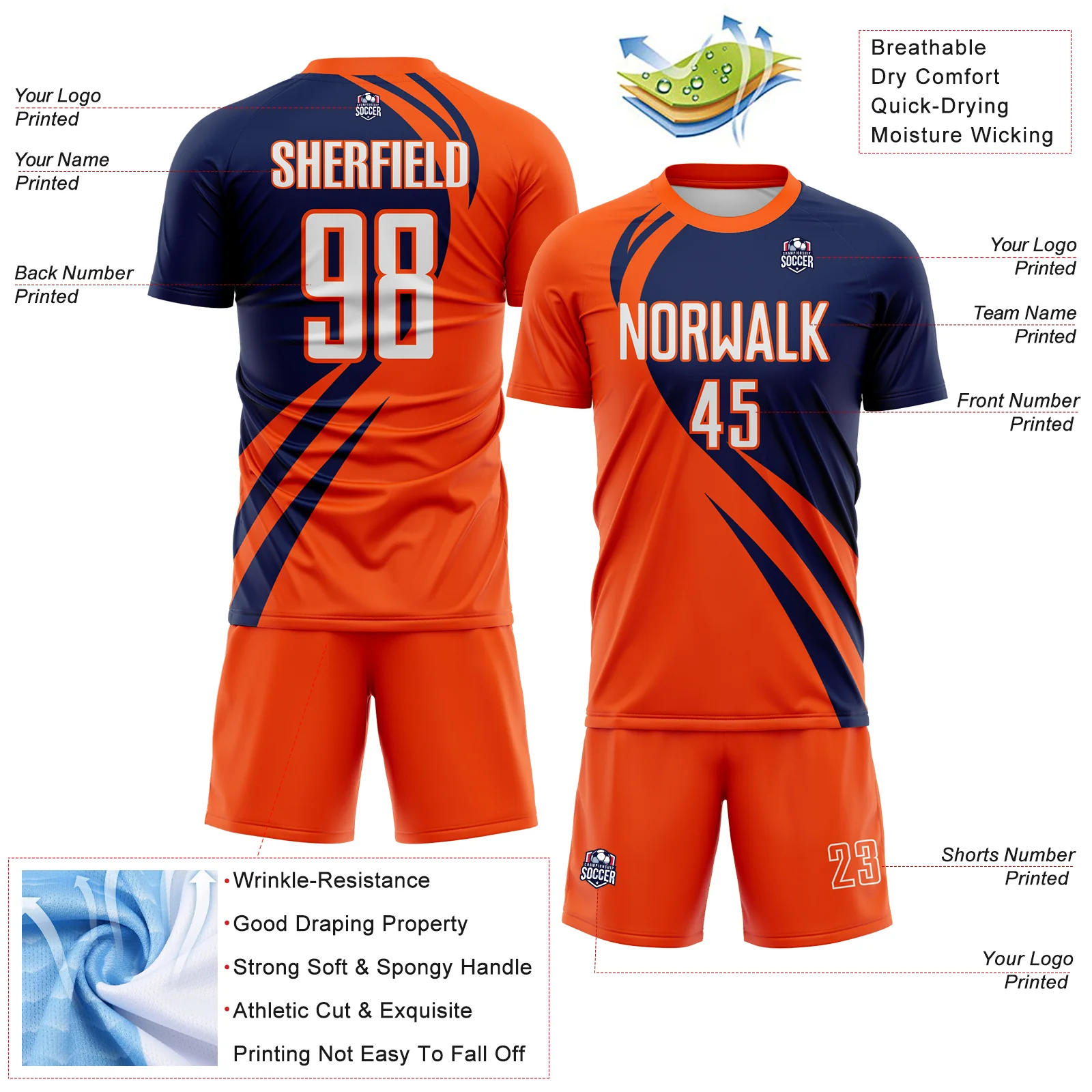 Custom Orange White-Navy Diagonal Streamline Color Block Swirl Curve Lines Sublimation Soccer Uniform Jersey - Image 3