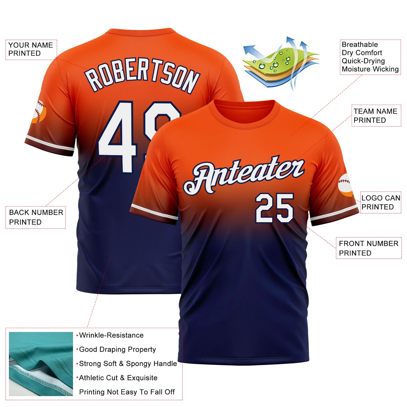 Custom Orange White-Navy Fade Fashion Performance T-Shirt - Image 3