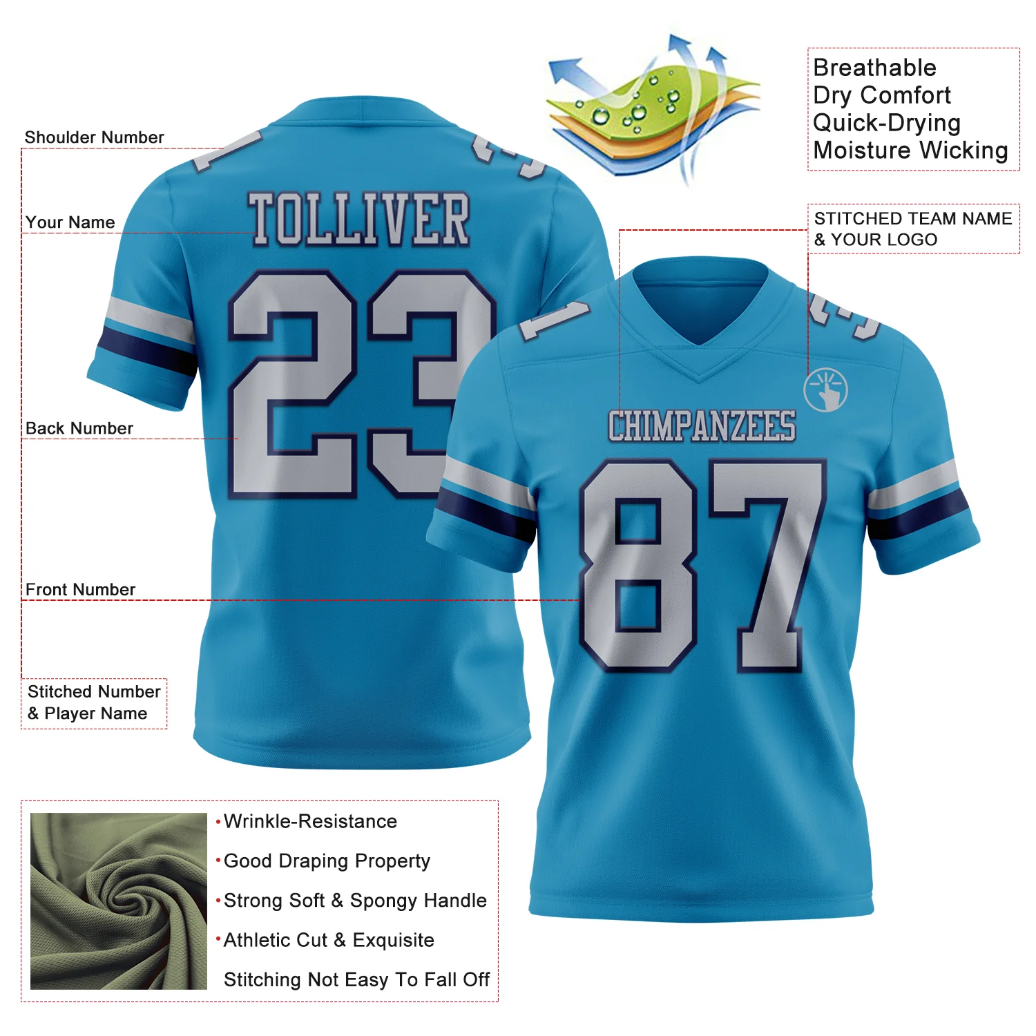 Custom Panther Blue Gray-Navy Authentic Football Jersey - Image 3