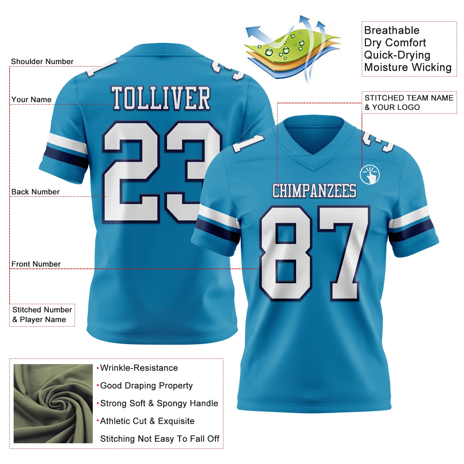 Custom Panther Blue White-Navy Authentic Football Jersey - Image 3