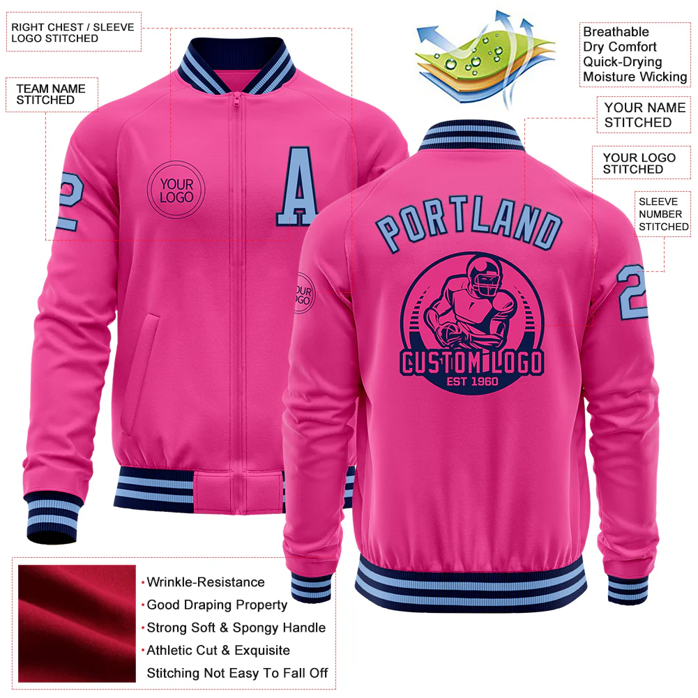 Custom Pink Light Blue-Navy Bomber Varsity Letterman Zipper Jacket - Image 4