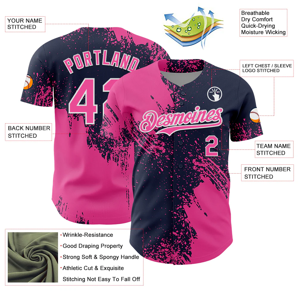 Custom Pink Navy-White 3D Pattern Design Abstract Brush Stroke Authentic Baseball Jersey - Image 3