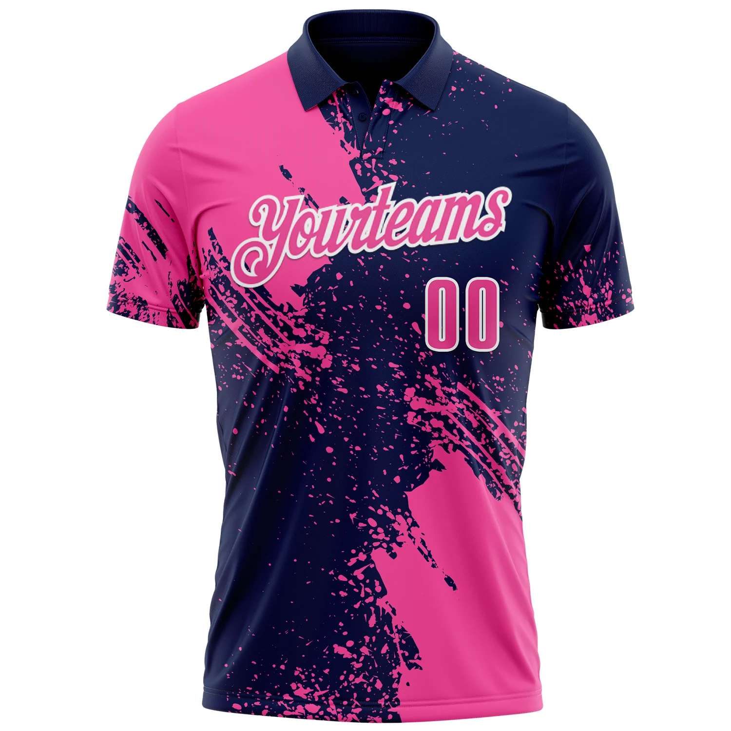 Custom Pink Navy-White 3D Pattern Design Abstract Brush Stroke Performance Polo Shirt - Image 2