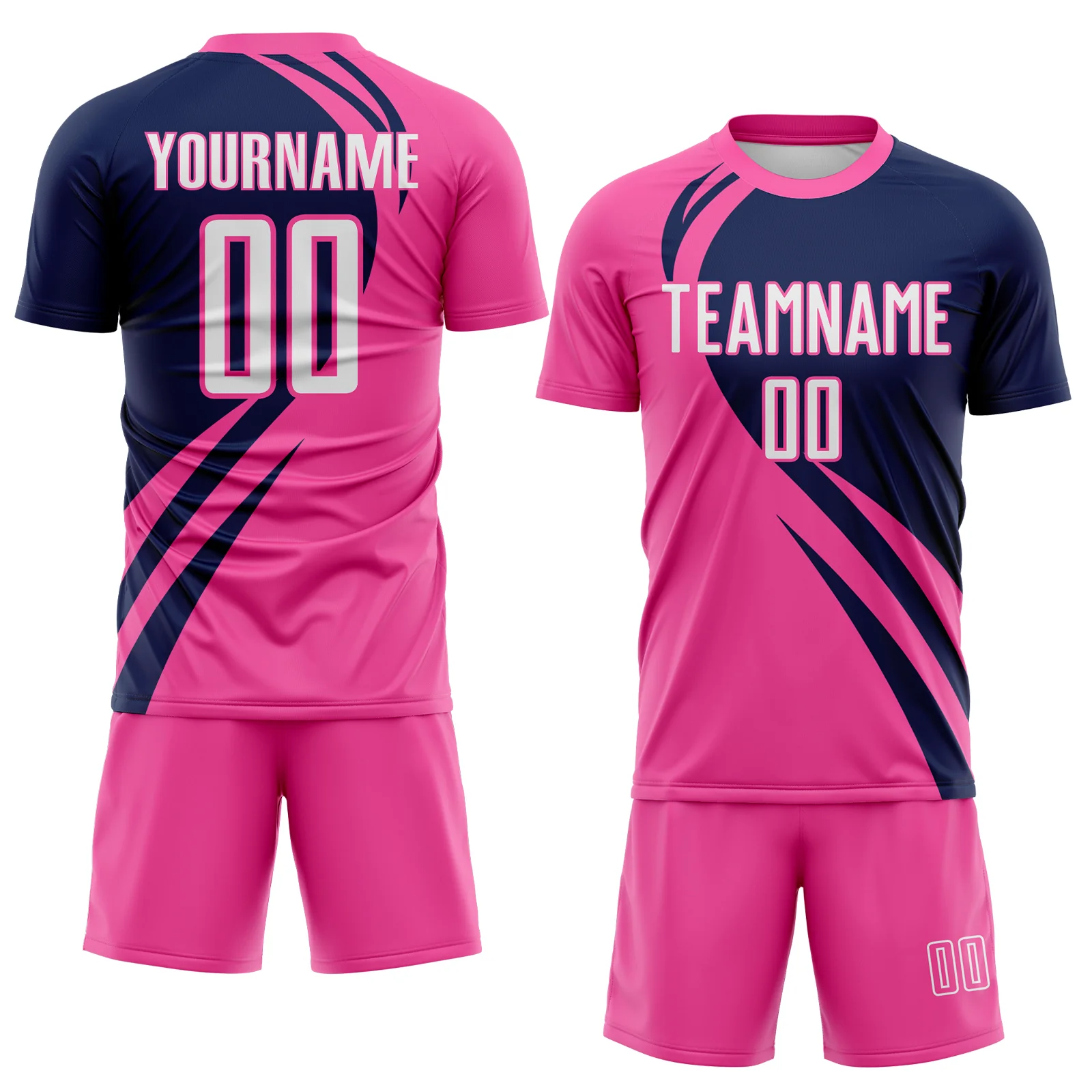 Custom Pink White-Navy Diagonal Streamline Color Block Swirl Curve Lines Sublimation Soccer Uniform Jersey - Image 2
