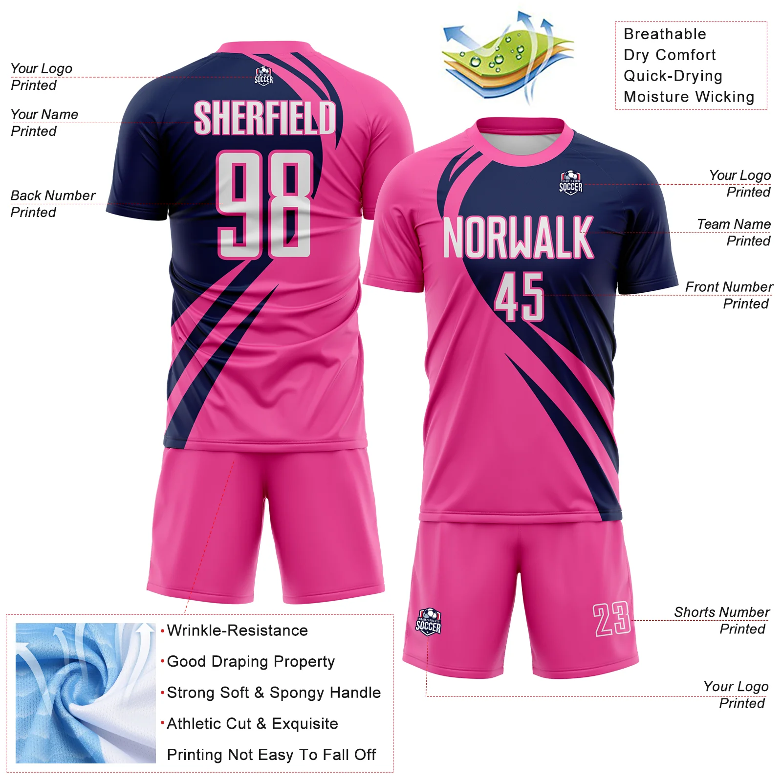 Custom Pink White-Navy Diagonal Streamline Color Block Swirl Curve Lines Sublimation Soccer Uniform Jersey - Image 3
