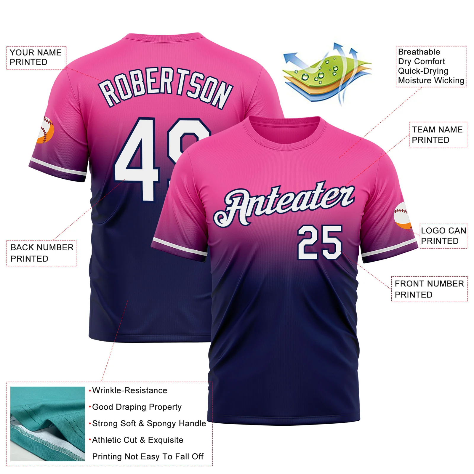 Custom Pink White-Navy Fade Fashion Performance T-Shirt - Image 3