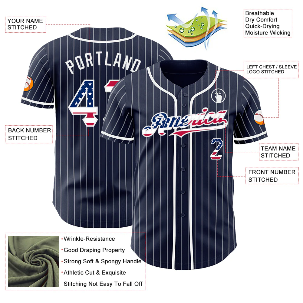 Custom Navy White Pinstripe USA Flag Authentic Baseball Jersey - Image 3