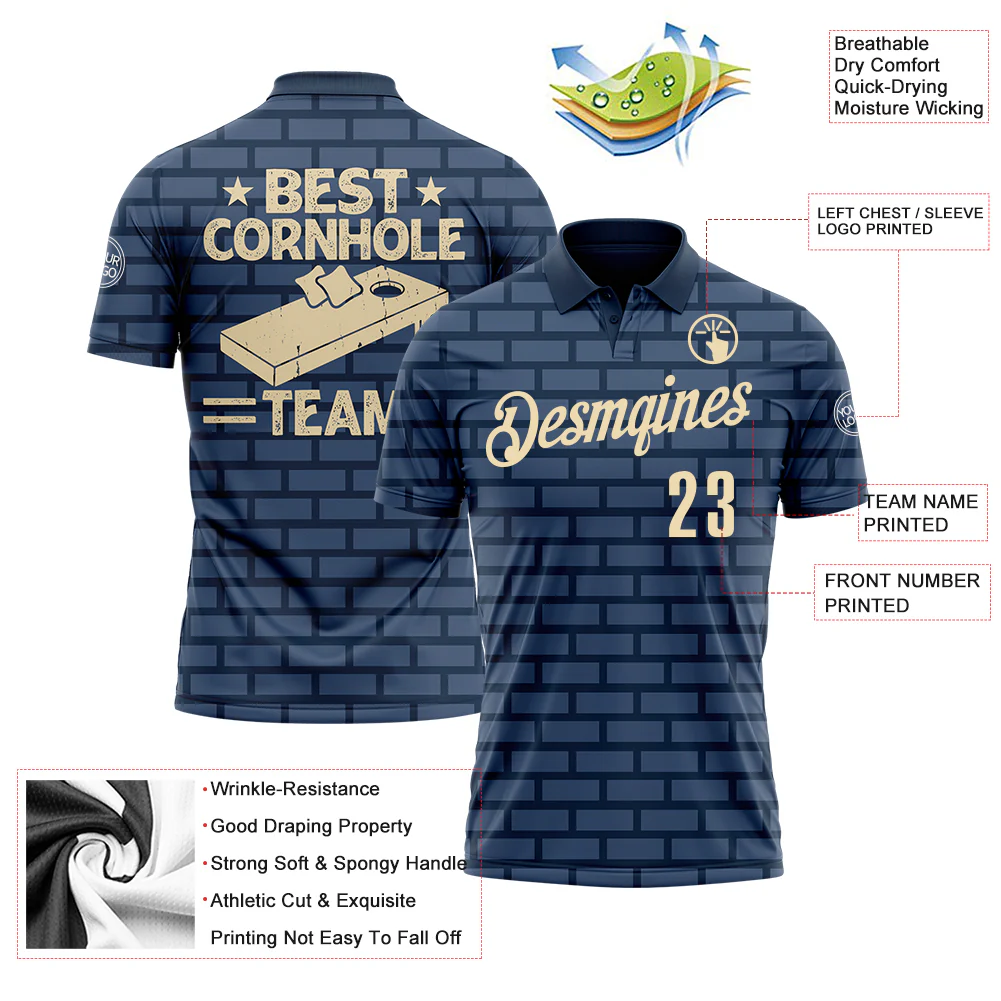 Custom Navy Cream 3D Cornhole Performance Polo Shirt - Image 3