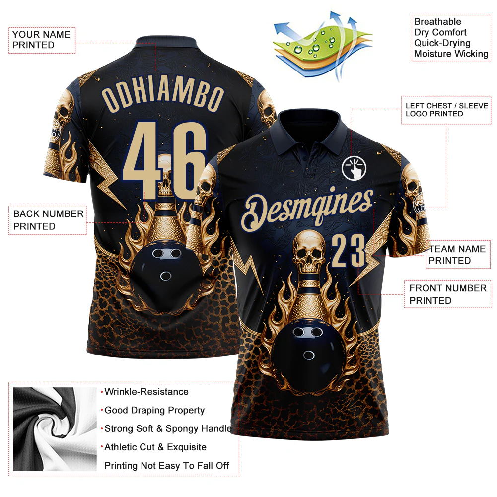 Custom Navy Vegas Gold 3D Leopard Print Metal Skull Bowling Performance Polo Shirt - Image 3