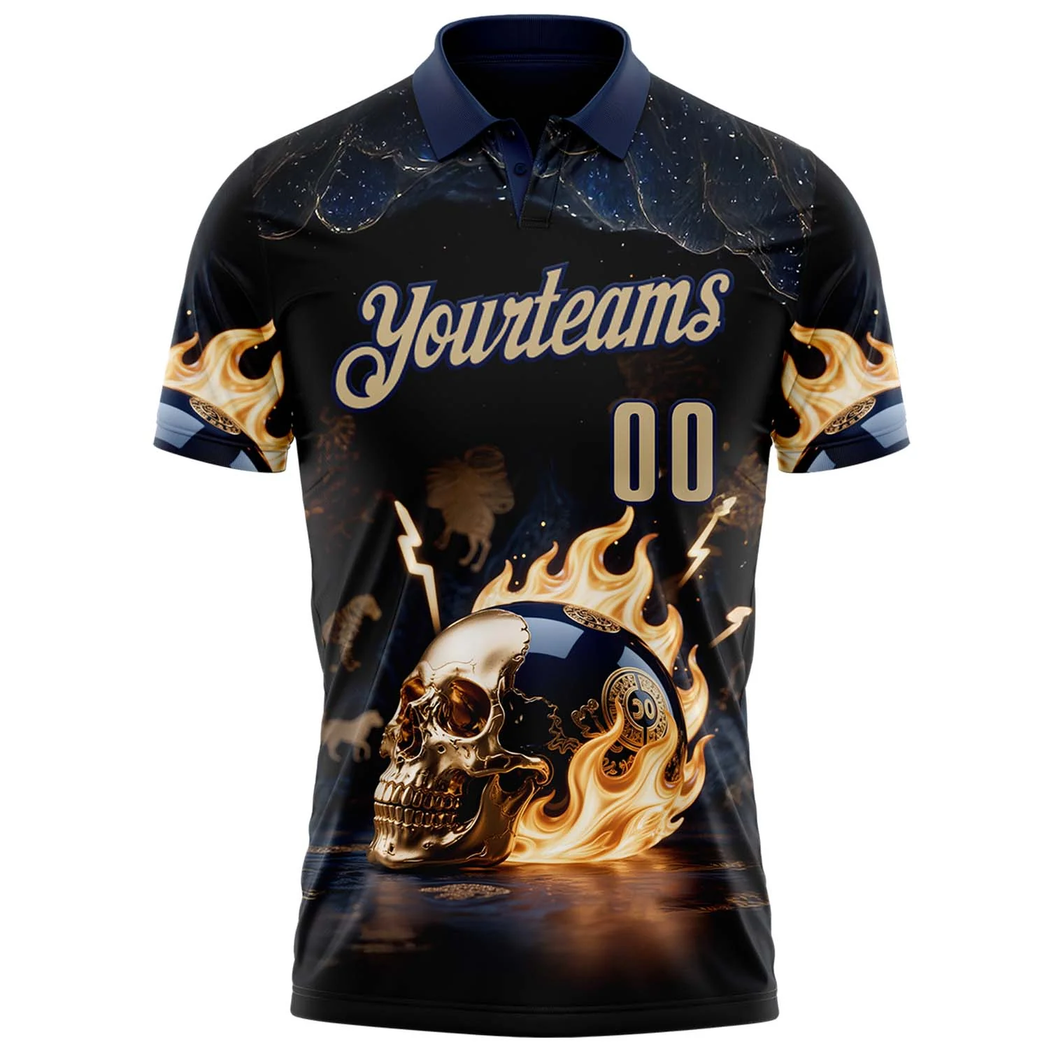 Custom Navy Vegas Gold 3D Flame Skull Bowling Performance Polo Shirt - Image 2
