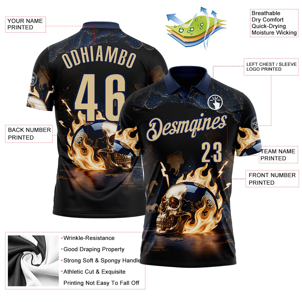 Custom Navy Vegas Gold 3D Flame Skull Bowling Performance Polo Shirt - Image 3
