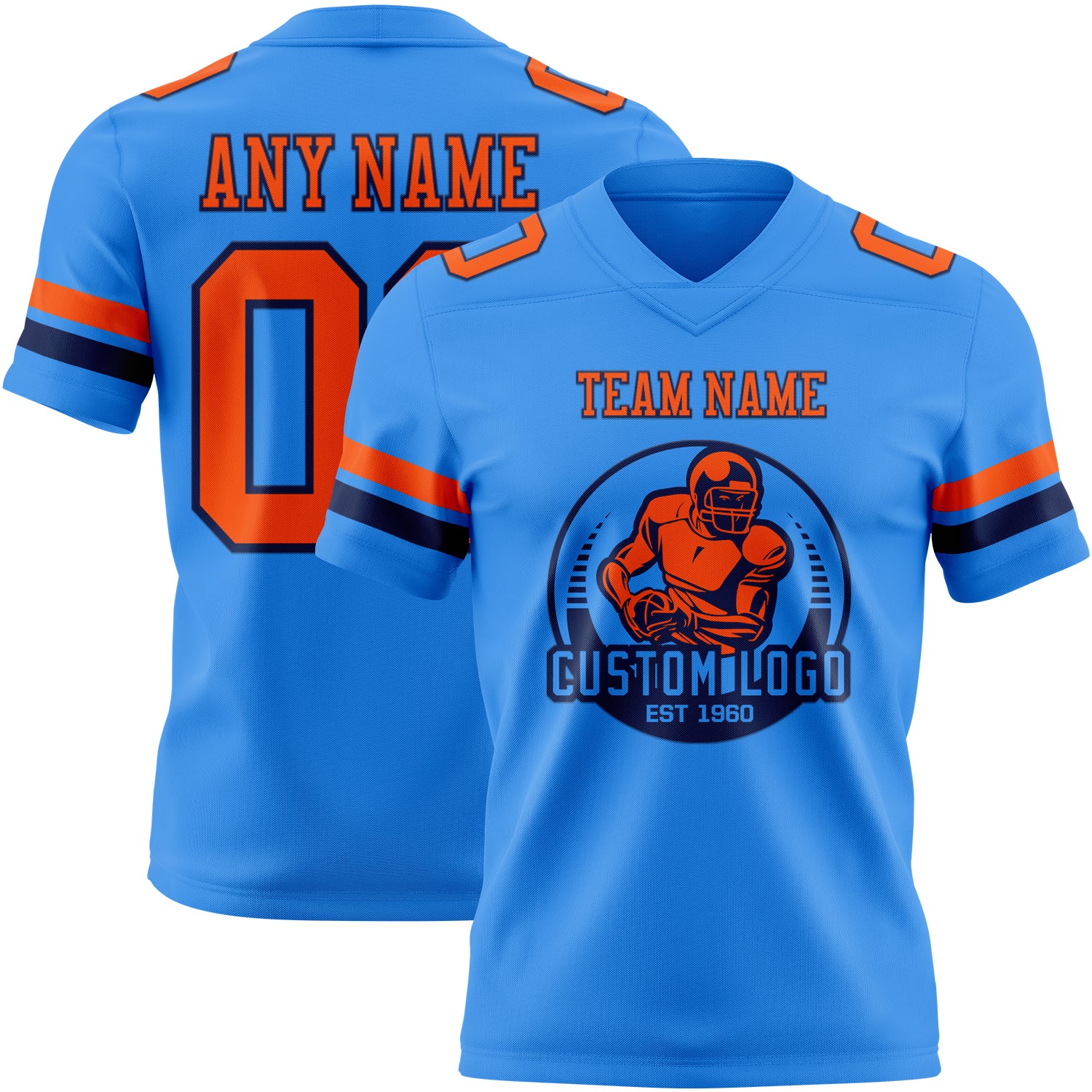 Custom Powder Blue Orange-Navy Authentic Football Jersey - Image 2