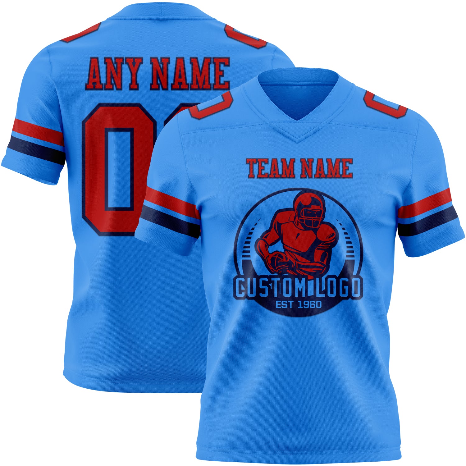 Custom Powder Blue Red-Navy Authentic Football Jersey - Image 2