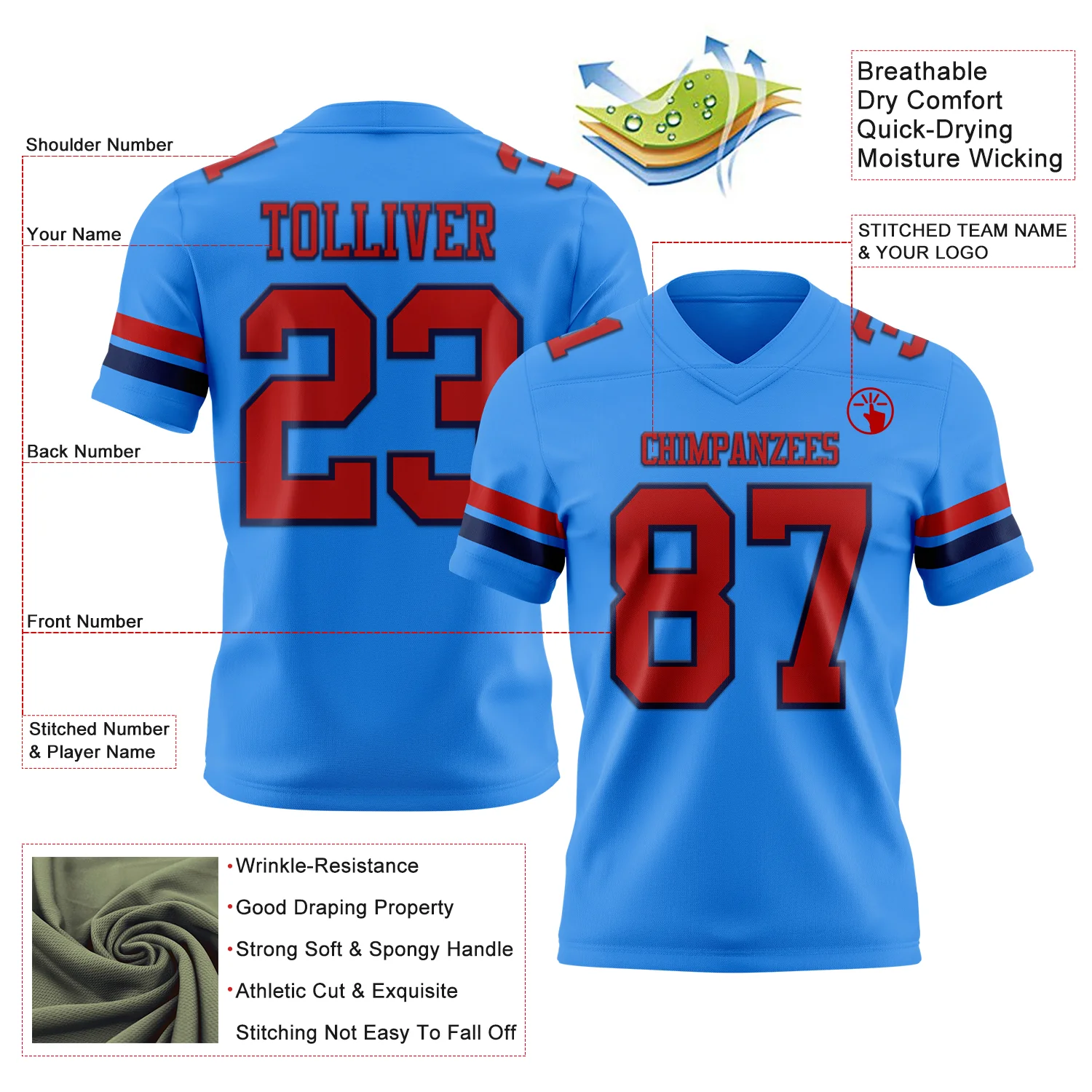 Custom Powder Blue Red-Navy Authentic Football Jersey - Image 3
