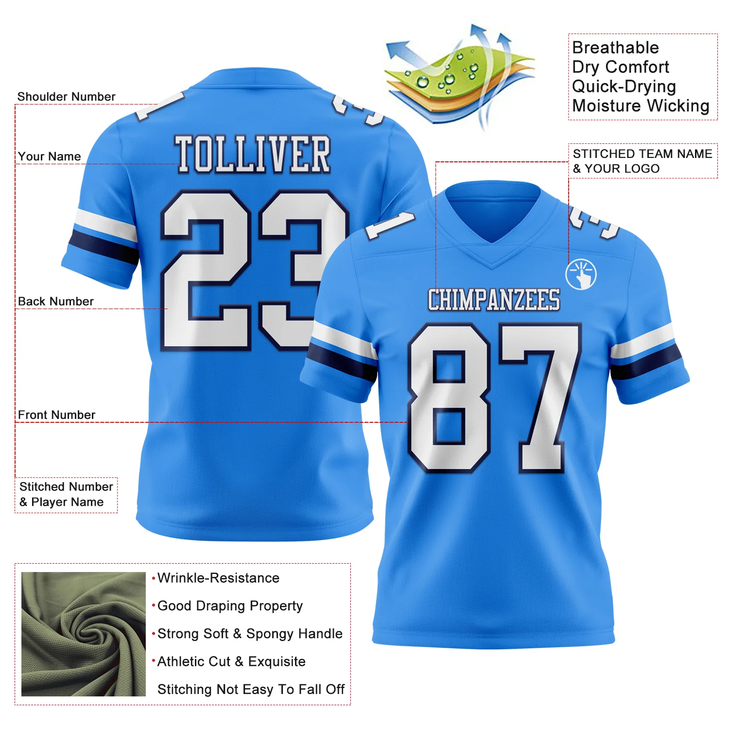 Custom Powder Blue White-Navy Authentic Football Jersey - Image 3
