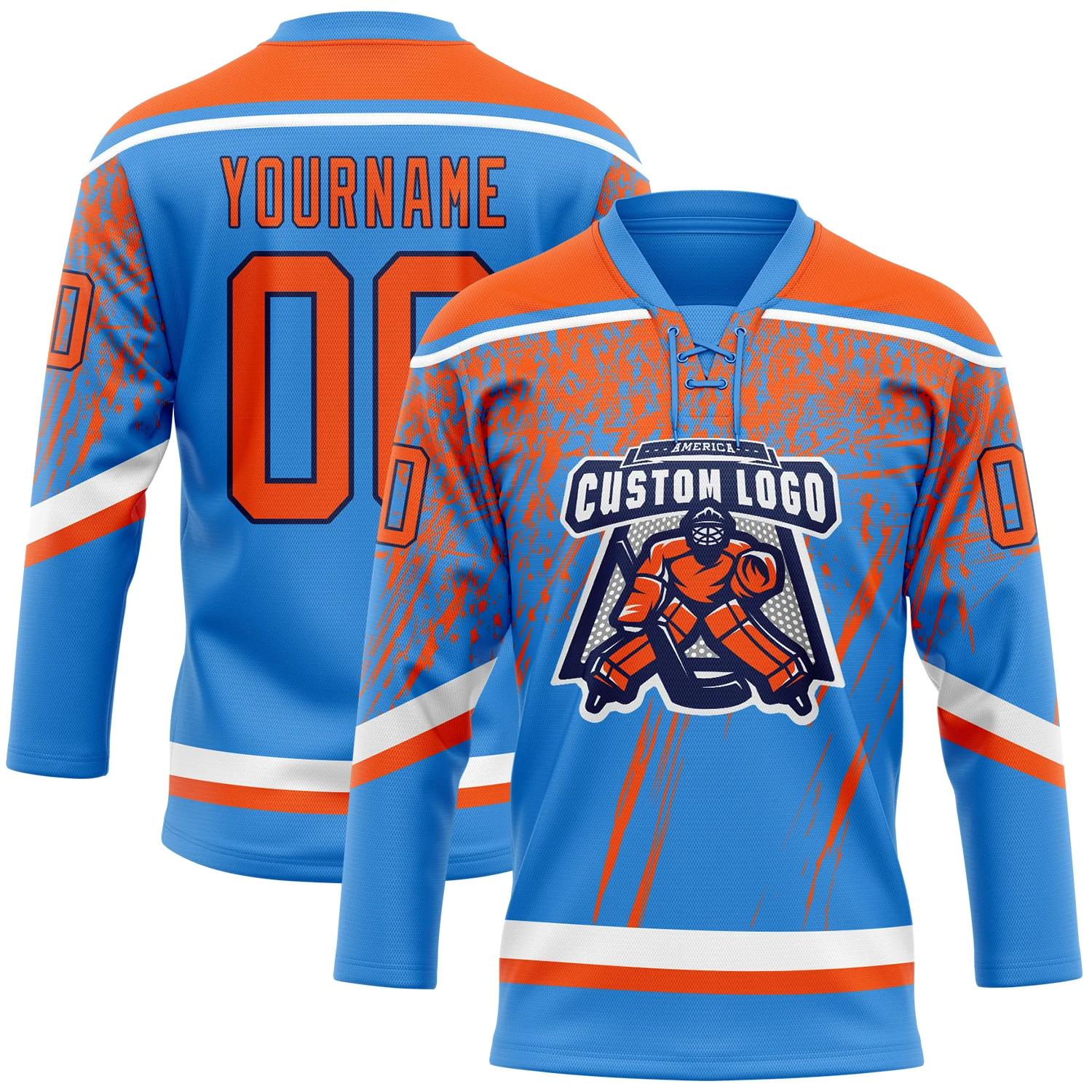 Custom Powder Blue Orange Navy-White 3D Splash Hockey Lace Neck Jersey - Image 2