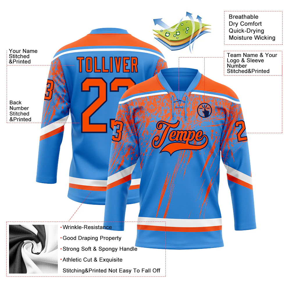 Custom Powder Blue Orange Navy-White 3D Splash Hockey Lace Neck Jersey - Image 3