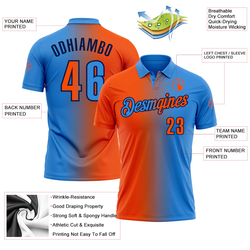 Custom Powder Blue Orange-Navy 3D Gradient Fashion Performance Polo Shirt - Image 3