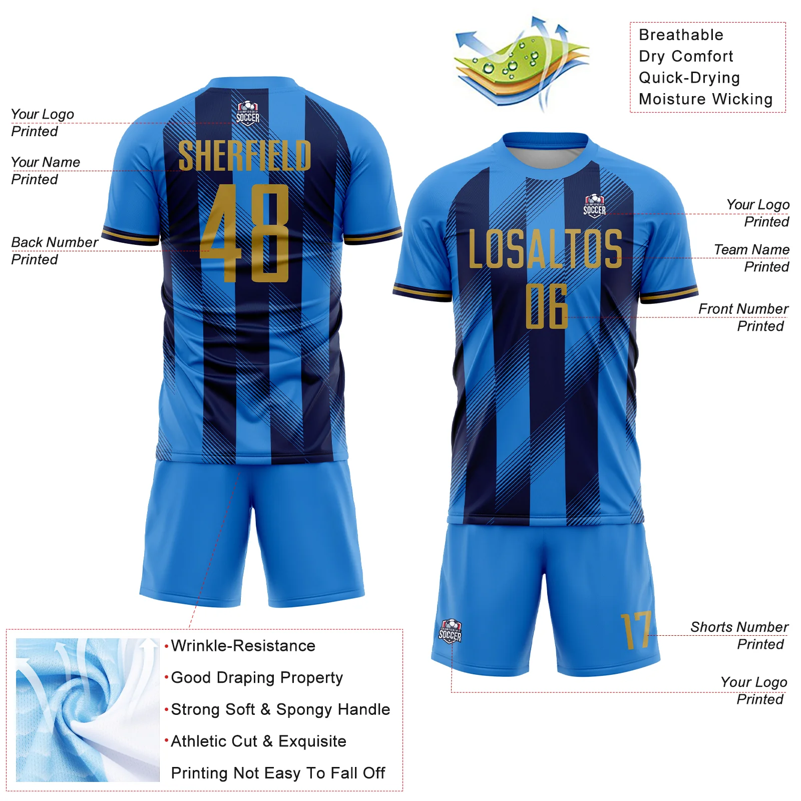 Custom Powder Blue Old Gold-Navy Stripes Sports Sublimation Soccer Uniform Jersey - Image 4