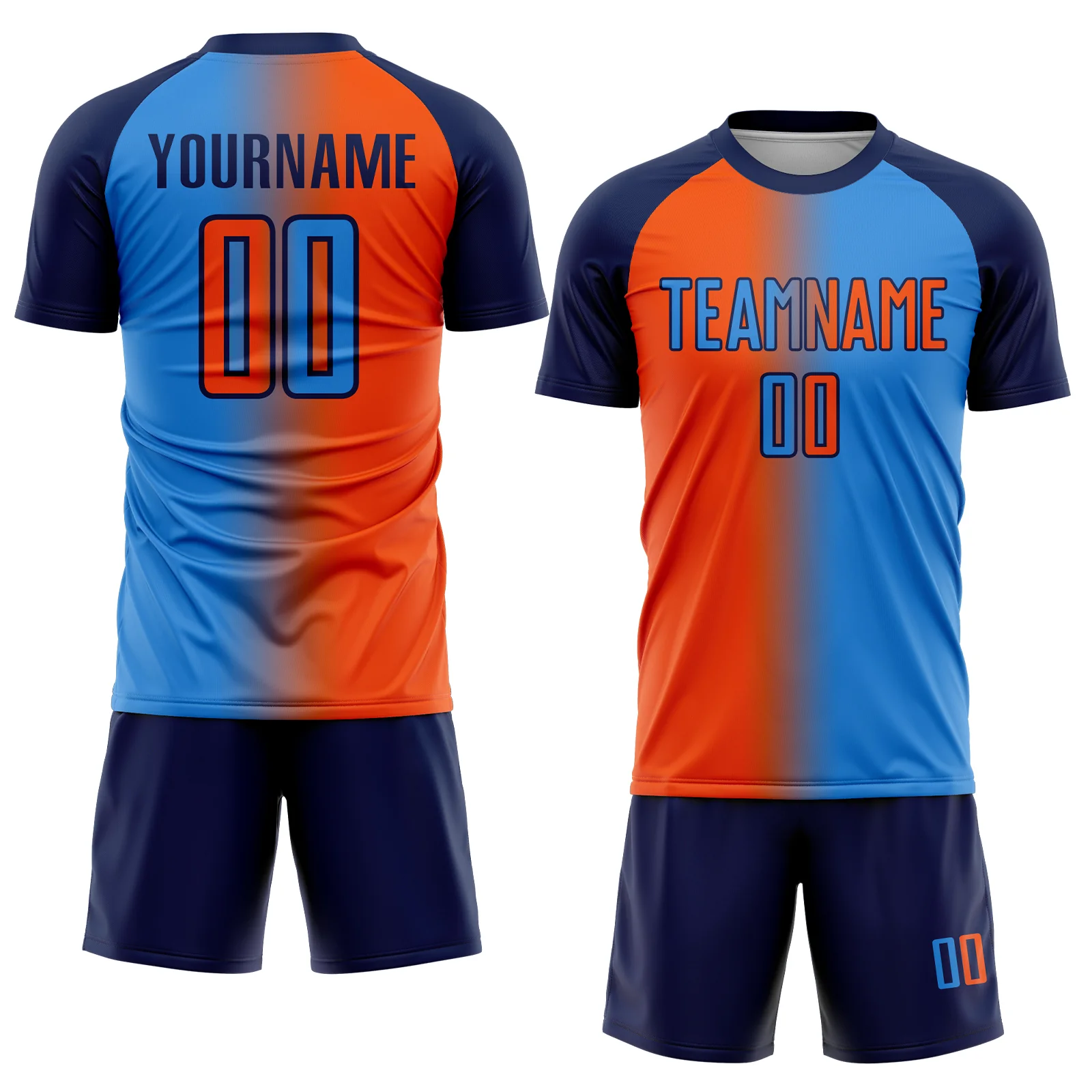 Custom Powder Blue Orange-Navy Sublimation Gradient Fashion Soccer Uniform Jersey - Image 2
