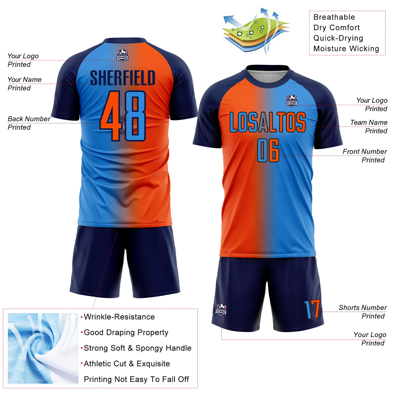 Custom Powder Blue Orange-Navy Sublimation Gradient Fashion Soccer Uniform Jersey - Image 4