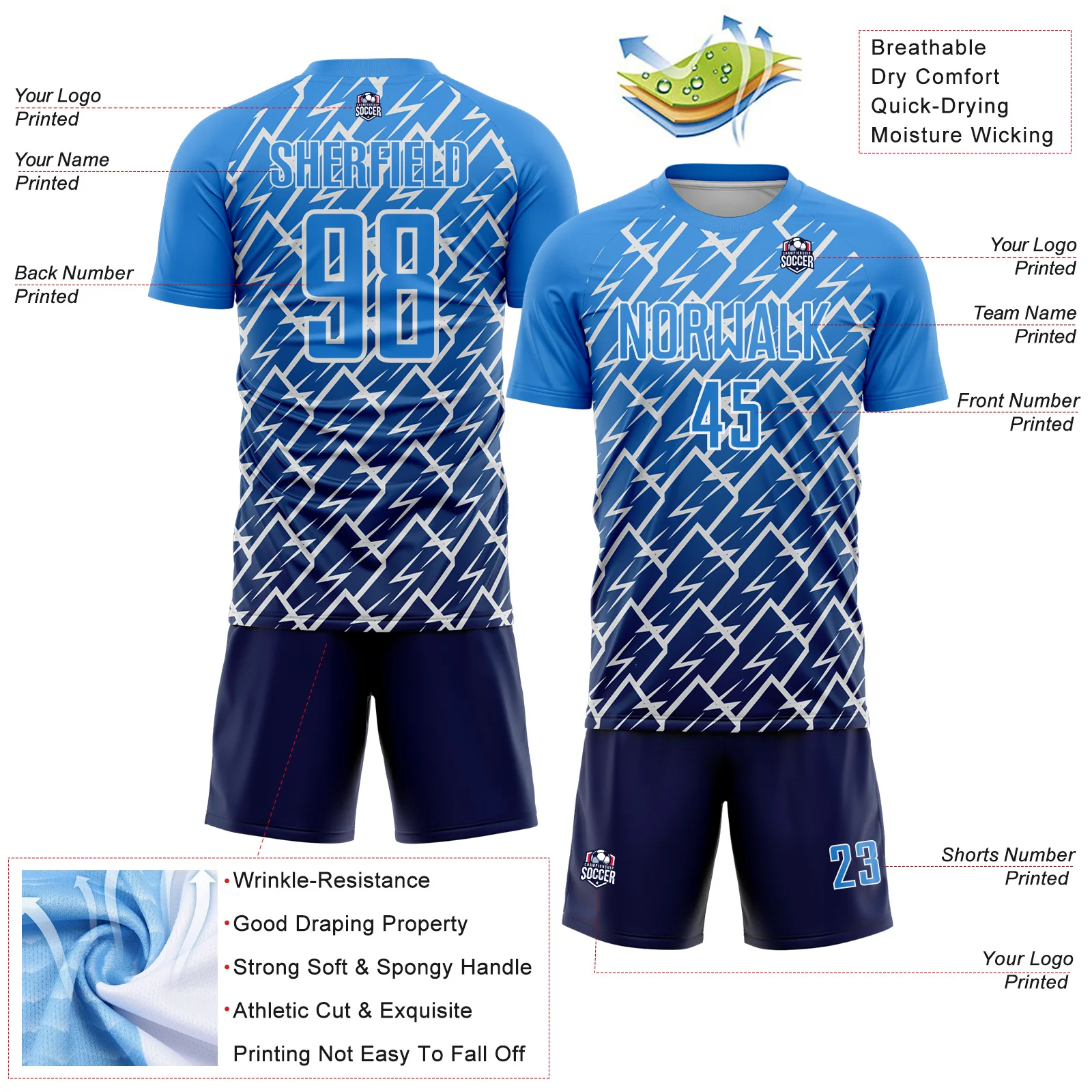 Custom Powder Blue Navy-White Lightning Sports Sublimation Soccer Uniform Jersey - Image 4