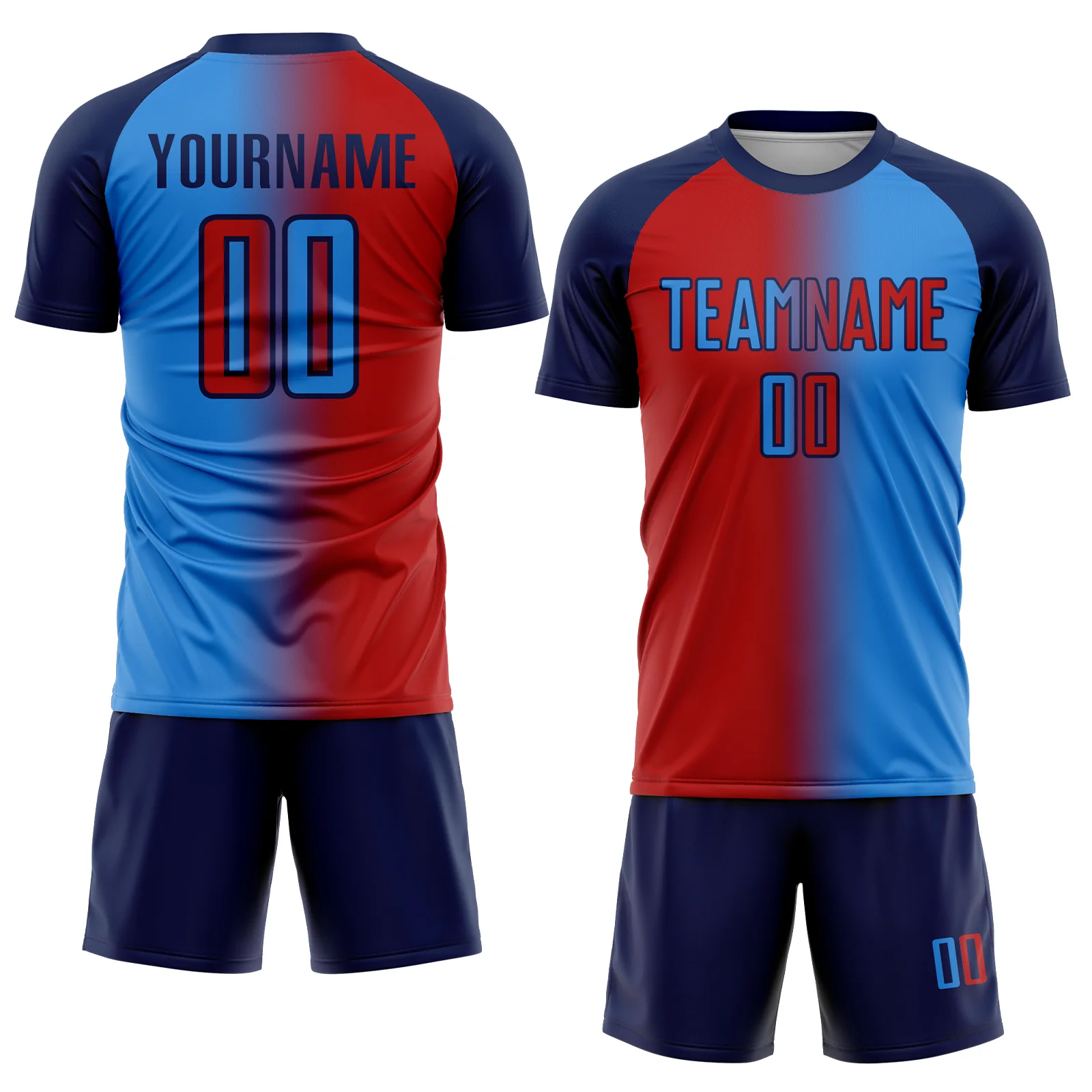 Custom Powder Blue Red-Navy Sublimation Gradient Fashion Soccer Uniform Jersey - Image 2
