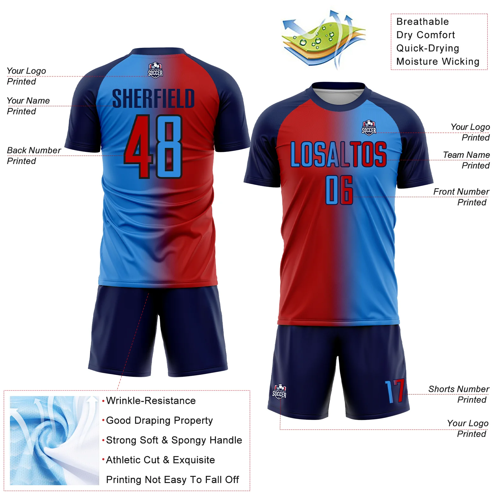 Custom Powder Blue Red-Navy Sublimation Gradient Fashion Soccer Uniform Jersey - Image 4