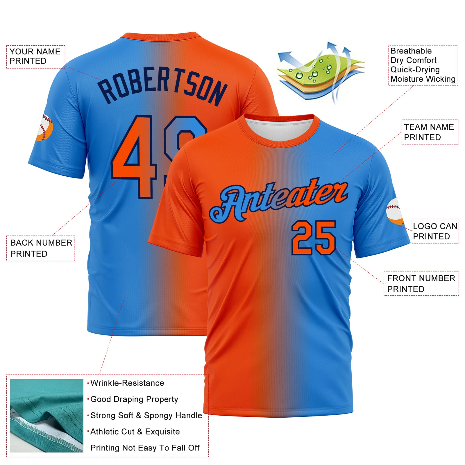 Custom Powder Blue Orange-Navy Gradient Fashion Performance T-Shirt - Image 3
