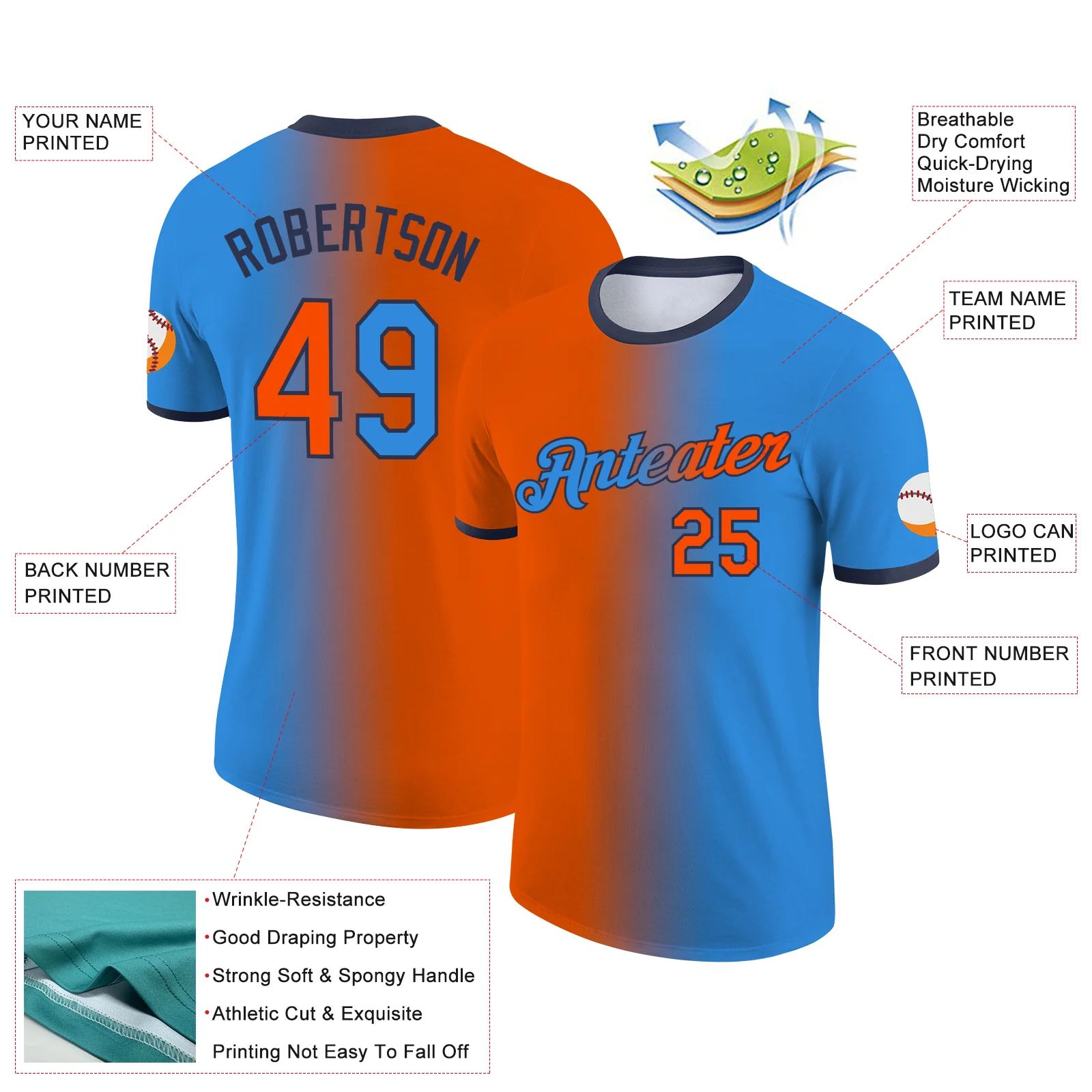 Custom Powder Blue Orange-Navy Gradient Fashion Performance T-Shirt - Image 2