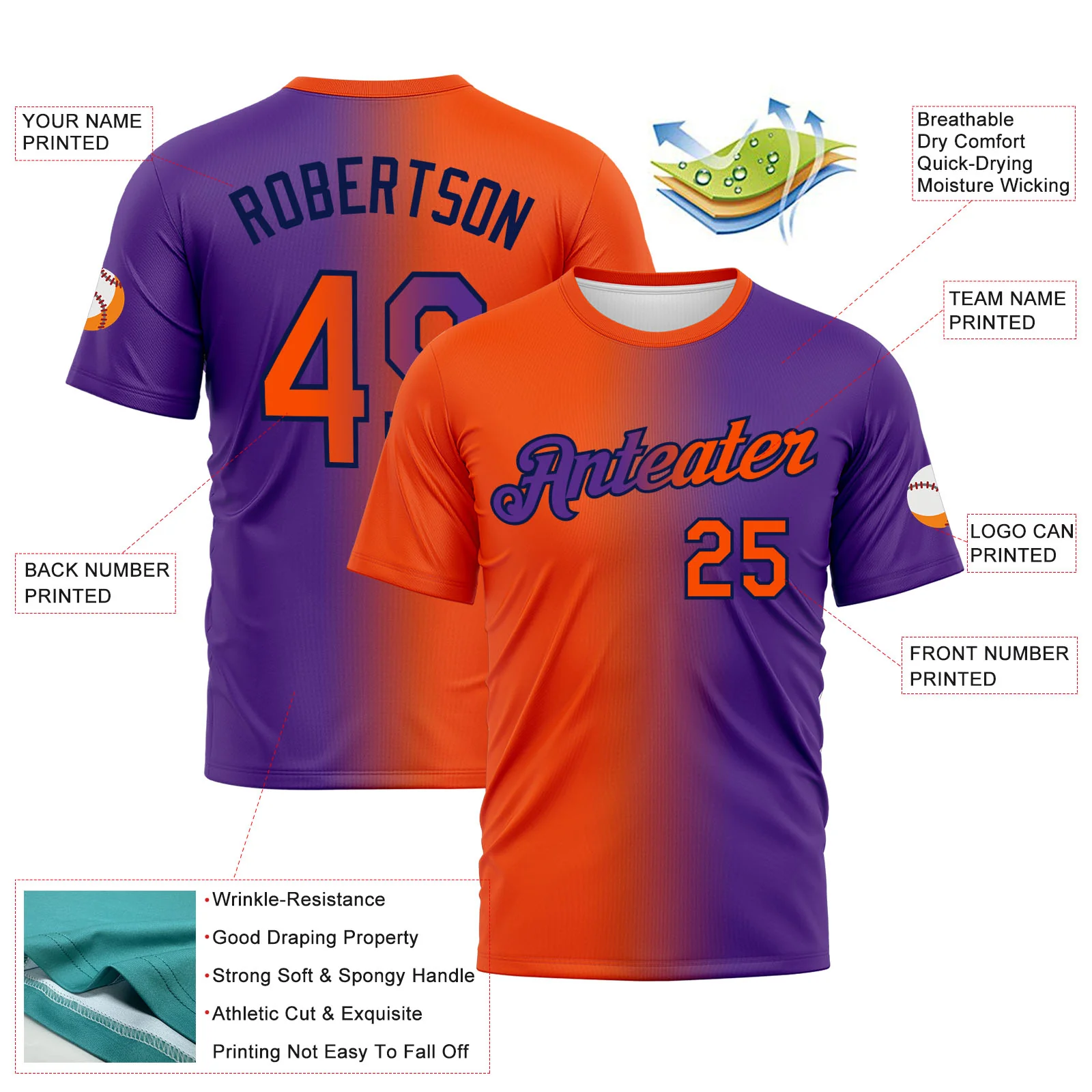 Custom Purple Orange-Navy Gradient Fashion Performance T-Shirt - Image 3