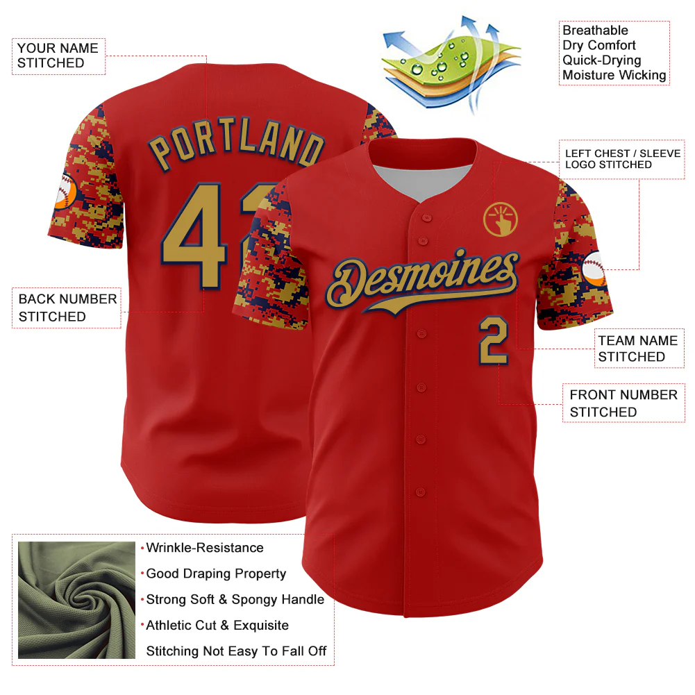 Custom Red Old Gold-Navy Digital Camo Two Tone Authentic Baseball Jersey - Image 3