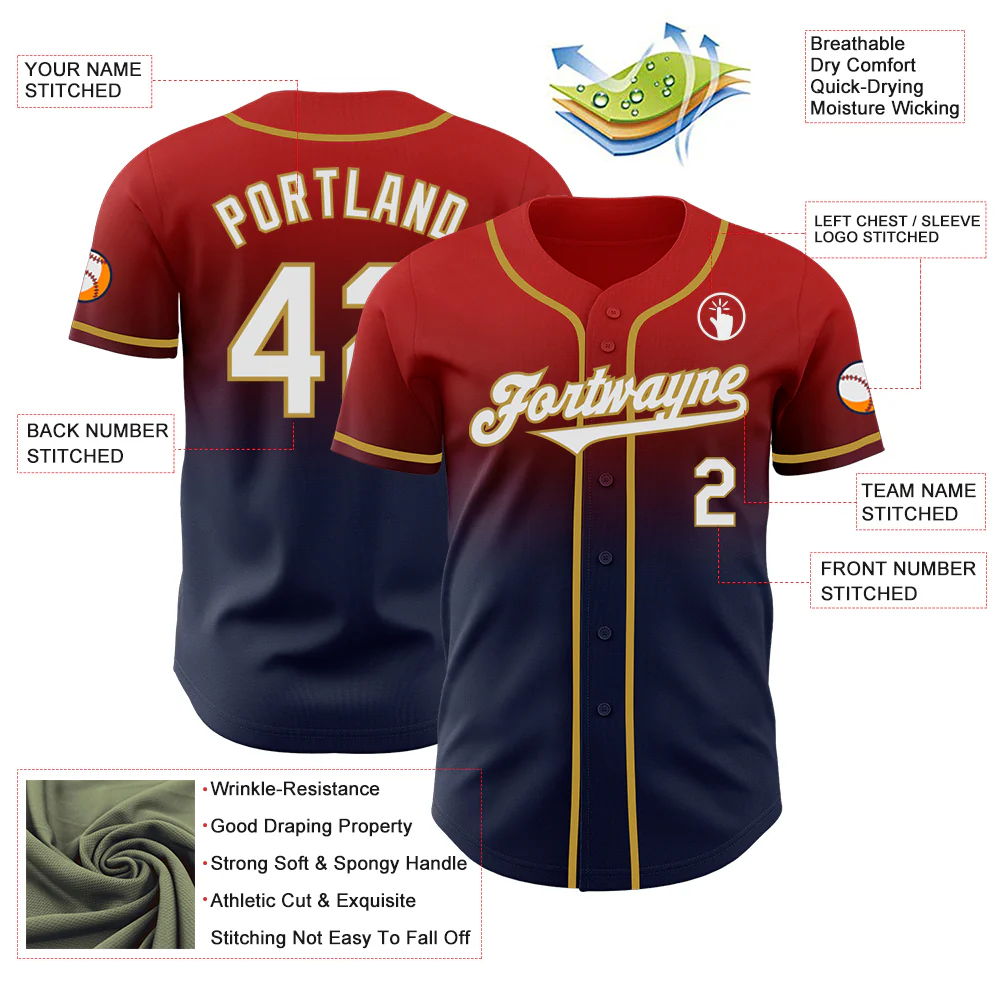 Custom Red Navy-Old Gold Authentic Fade Fashion Baseball Jersey - Image 3