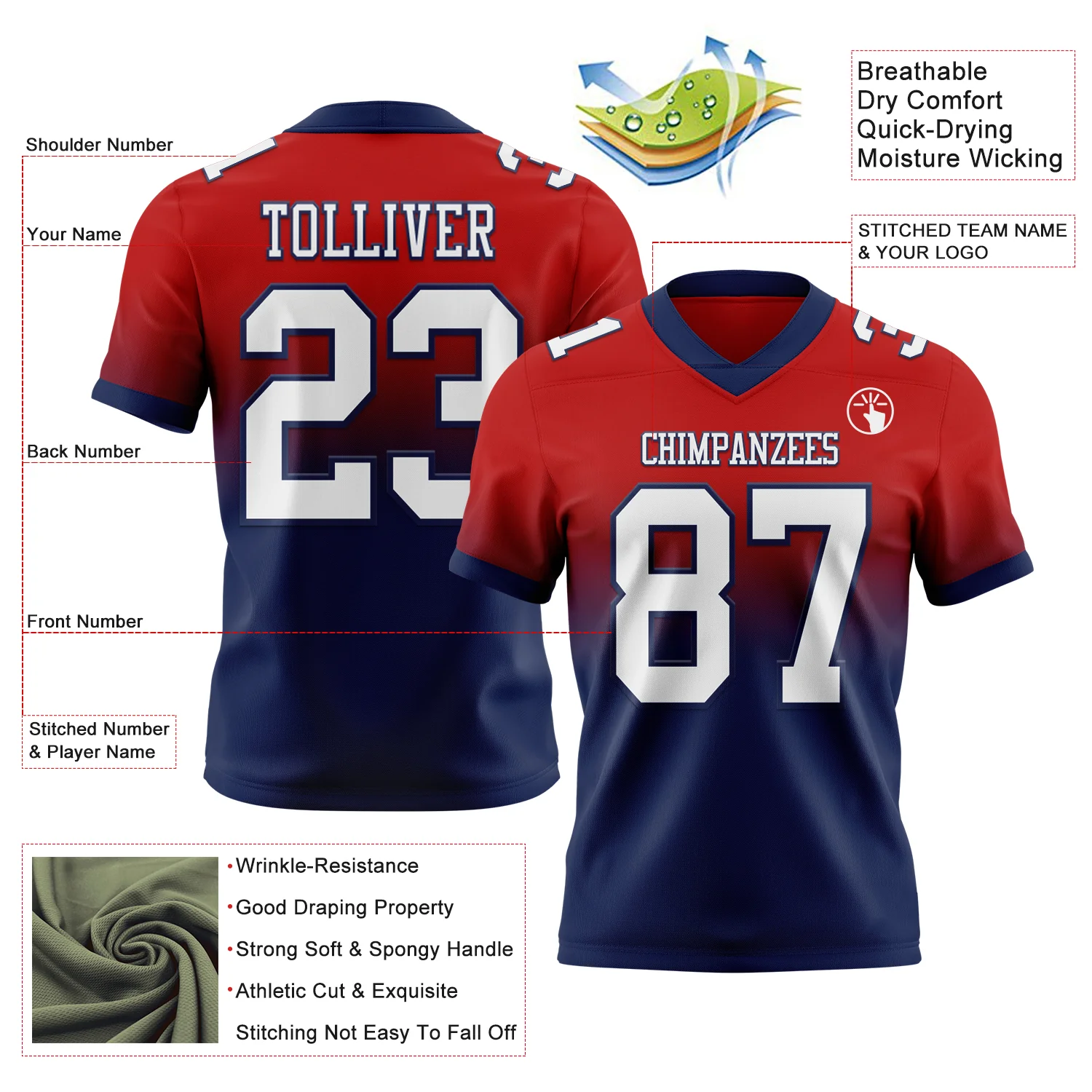 Custom Red White-Navy Authentic Fade Fashion Football Jersey - Image 2