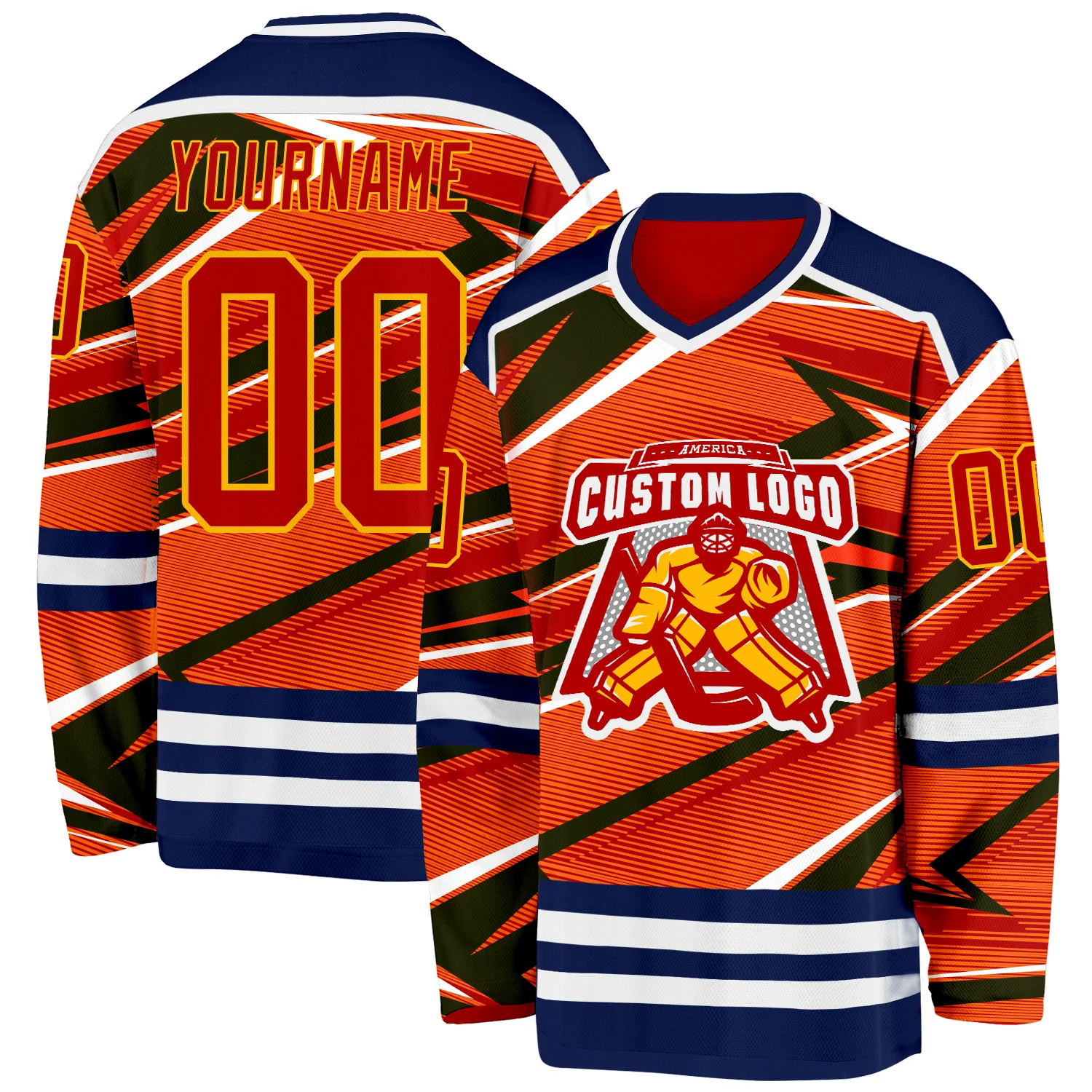Custom Red Navy Yellow-White Cyber Mecha E-sport Hockey Jersey - Image 2