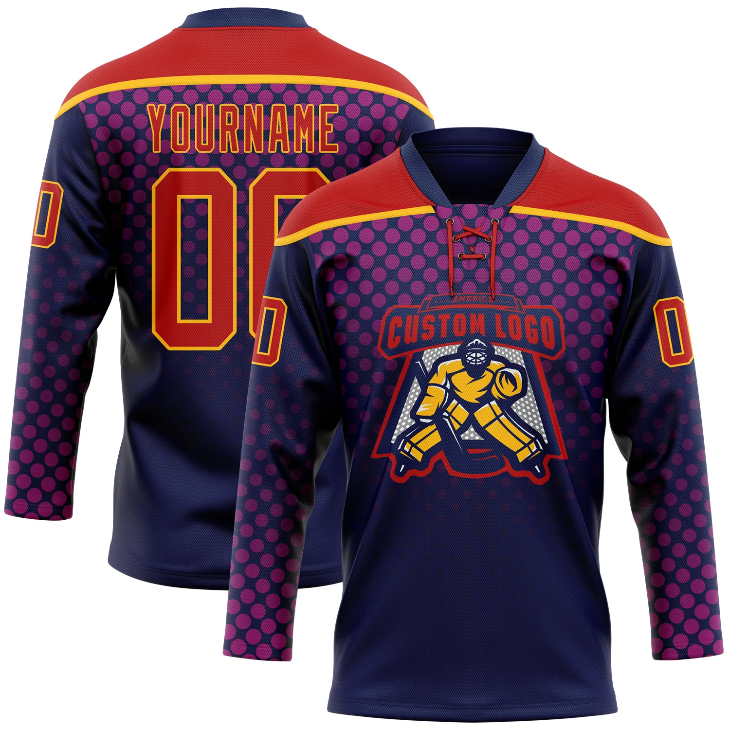 Custom Red Navy-Gold Abstract Gradient Halftone Pattern Hockey Lace Neck Jersey - Image 2
