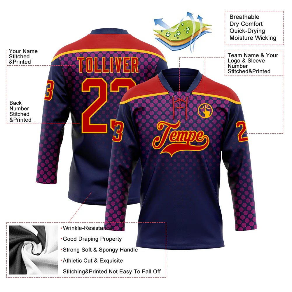 Custom Red Navy-Gold Abstract Gradient Halftone Pattern Hockey Lace Neck Jersey - Image 5