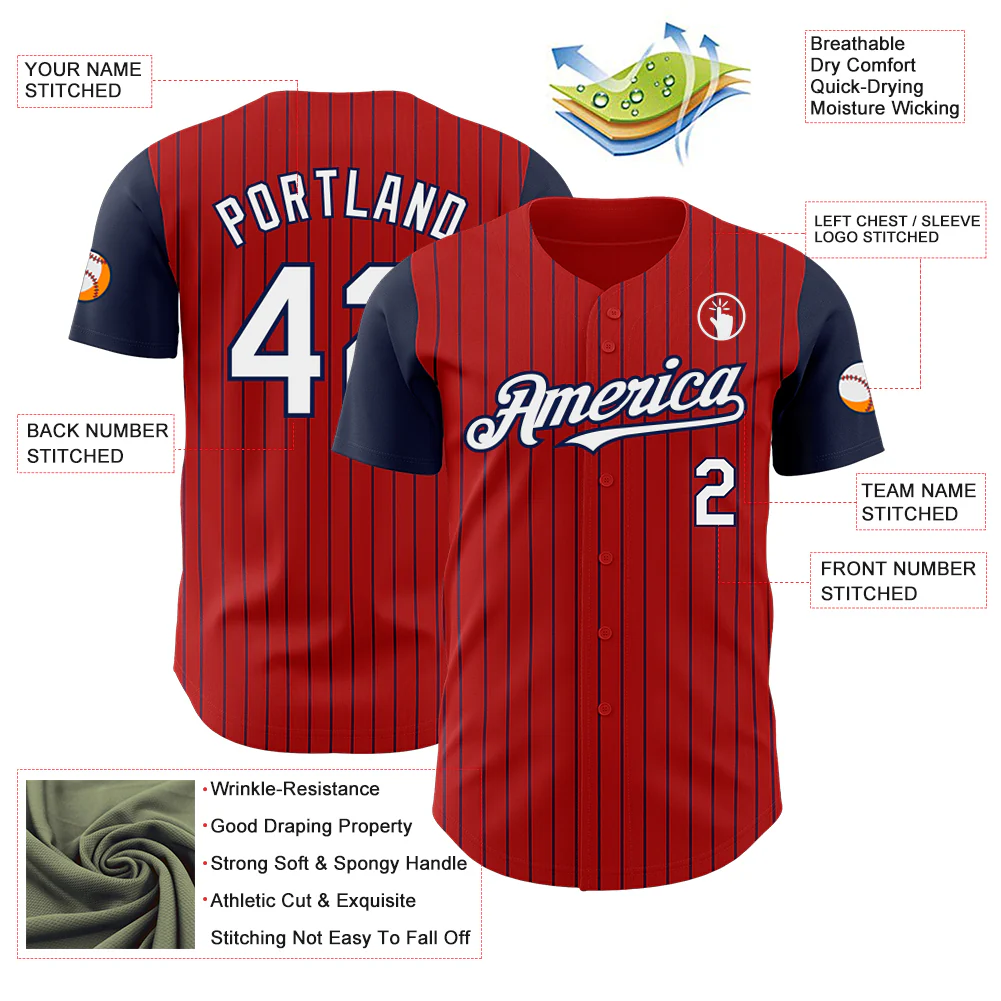 Custom Red Navy Pinstripe White Authentic Two Tone Baseball Jersey - Image 3