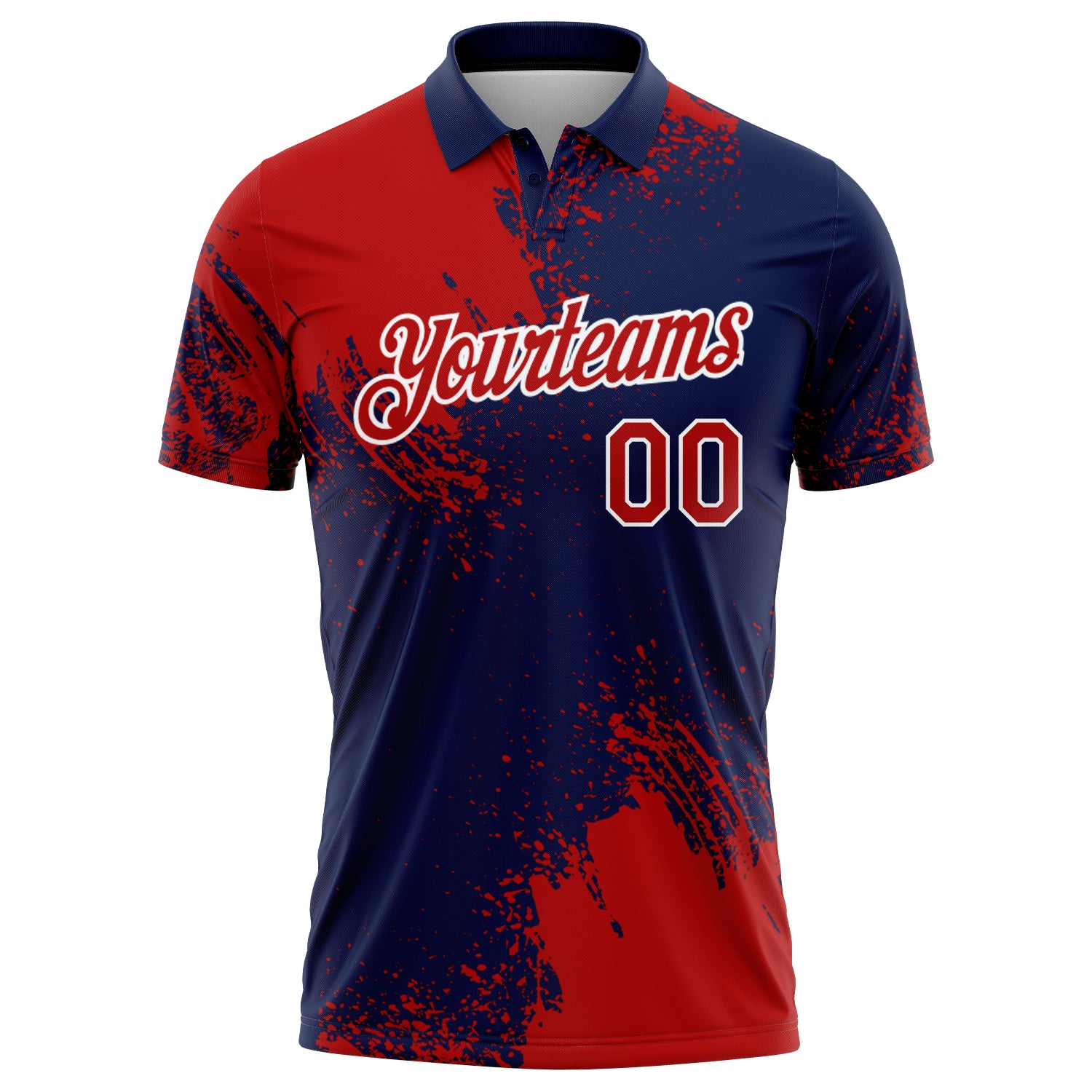 Custom Red Navy-White 3D Pattern Design Abstract Brush Stroke Performance Polo Shirt - Image 2