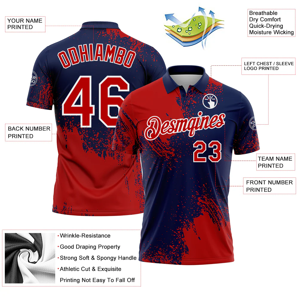 Custom Red Navy-White 3D Pattern Design Abstract Brush Stroke Performance Polo Shirt - Image 3