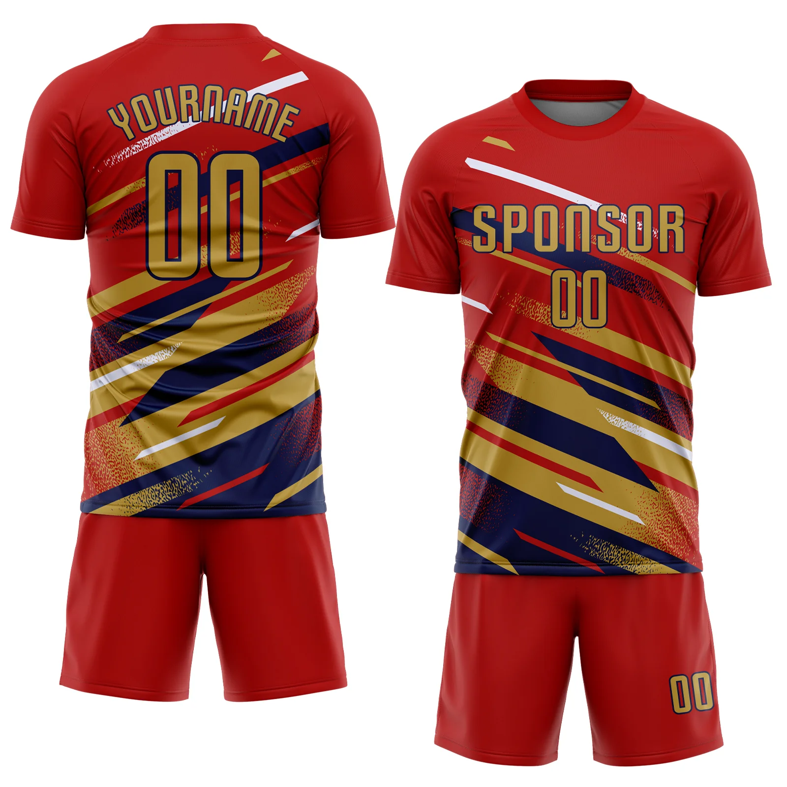 Custom Red Old Gold Navy-White Grunge Stripe And Grainy Sports Sublimation Soccer Uniform Jersey - Image 2