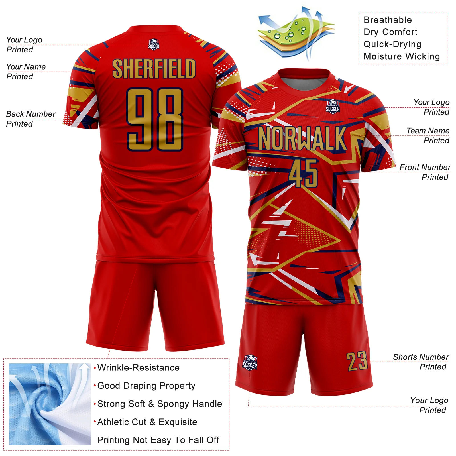 Custom Red Old Gold Navy-White Abstract Geometric Stripes Sports Sublimation Soccer Uniform Jersey - Image 4